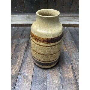 Vintage Pottery Craft Stoneware Vase Striped Rustic Pottery Decor Beige Brown